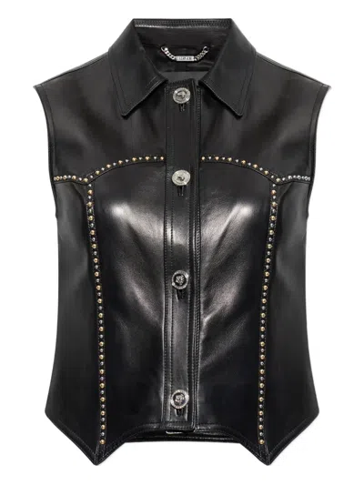 Versace Leather Sleeveless Shirt In Black