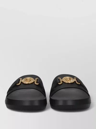 Versace Leather Slide Sandals In Black