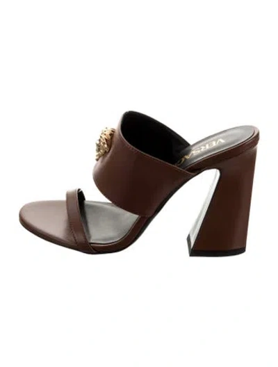 Pre-owned Versace Leather Slides W/ Tags In Brown