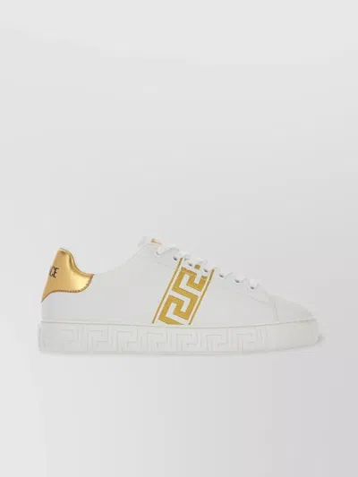 Versace Leather Sneakers Greca Embroidered Detail Gold Accents In White