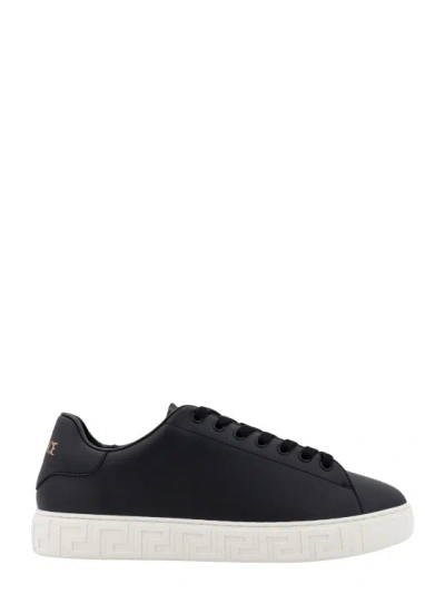 Versace Leather Sneakers With La Greca Detail In Black