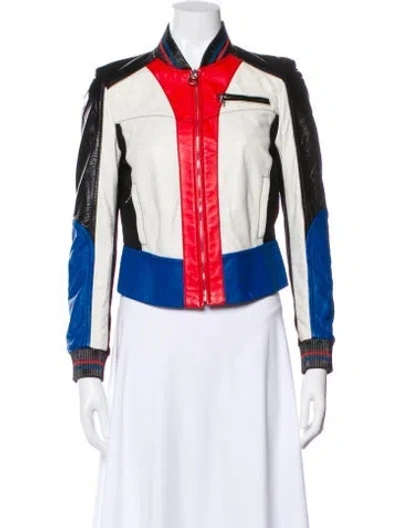 Pre-owned Versace Leather Striped Biker Jacket In Multi