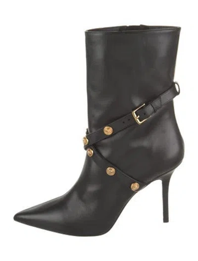 Pre-owned Versace Leather Studded Accents Moto Boots In Black