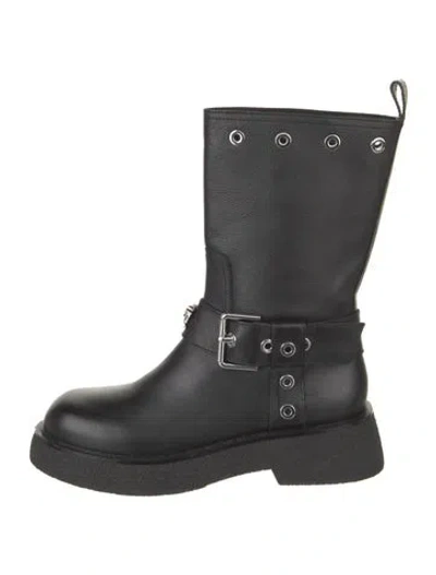 Pre-owned Versace Leather Studded Accents Moto Boots In Black