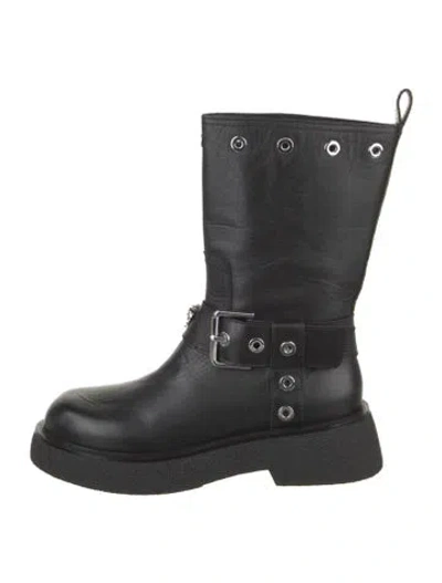 Pre-owned Versace Leather Studded Accents Moto Boots In Black