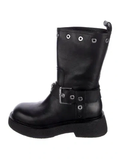 Pre-owned Versace Leather Studded Accents Moto Boots In Black