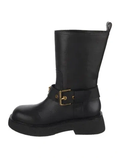 Pre-owned Versace Leather Studded Accents Moto Boots In Black