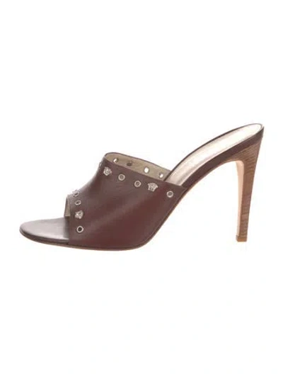 Pre-owned Versace Leather Studded Accents Slides In Brown