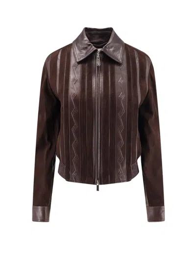 Versace Leather Suede Jacket In Brown