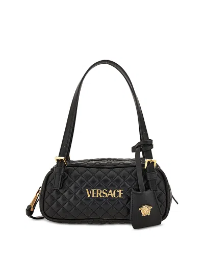Versace Leather Tag Bowling Shoulder Bag In Black
