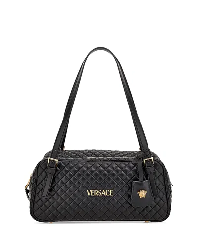 Versace Leather Tag Bowling Shoulder Bag In Black