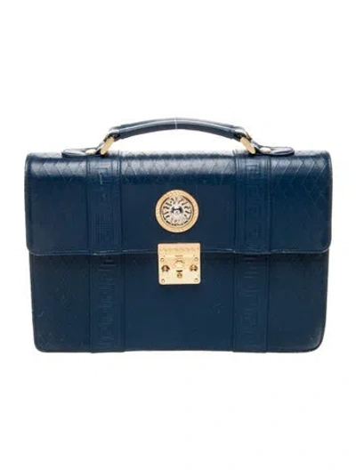 Pre-owned Versace Leather Top Handle Bag In Blue