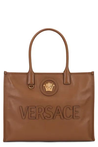 Versace Leather Tote Bag With Medusa Plate In Brown