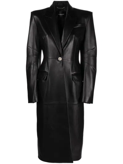 Versace Leather Single Breasted Long Coat In Black