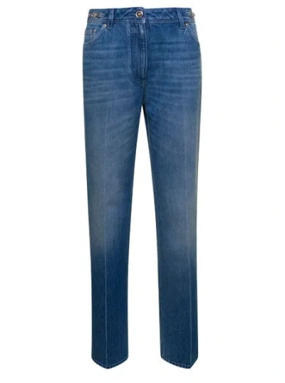 Versace Leather Trim Denim Boyfriend Jeans For Women In Blue