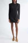 Versace Leather Trim Long Sleeve Wool Grain De Poudre Minidress In Blue
