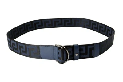 Pre-owned Versace Leather Trimmed Greeca Print Belt In Black/blue