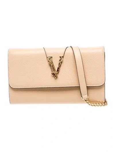 Pre-owned Versace Leather Virtus Wallet On Chain In Neutrals
