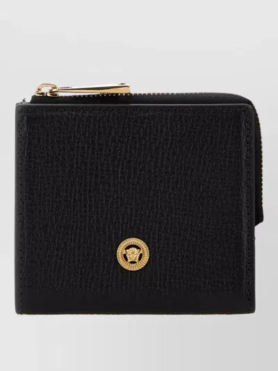 Versace Leather Wallet Compact Design Gold Tone Hardware In Black