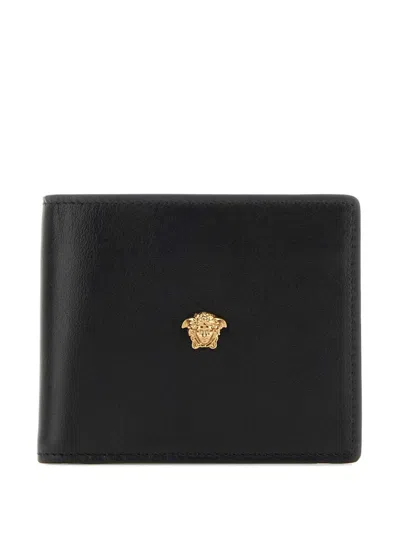 Versace Leather Wallet With Logo Plate In Black