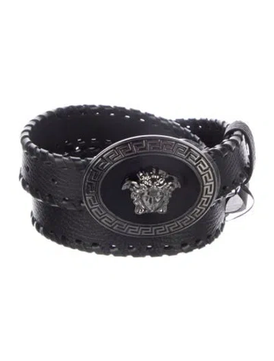 Pre-owned Versace Leather Whipstitch Trim Belt W/ Tags In Black