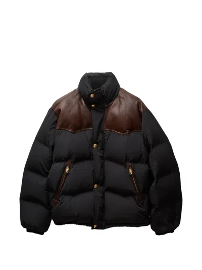 Versace Leather-trim Padded Jacket In Brown