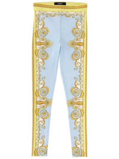 Versace Blue Leggings With All-over Geometric Print In Stretch Fabric Woman In Multi