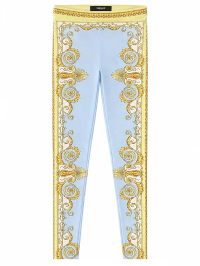 Versace Blue Leggings With All-over Geometric Print In Stretch Fabric Woman In Multi