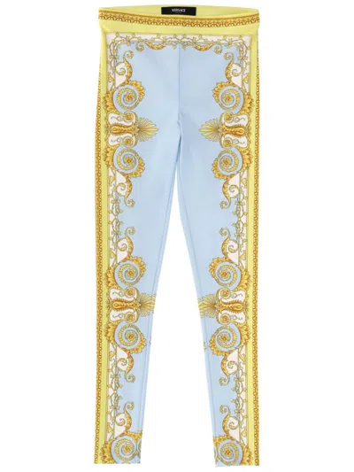Versace Blue Leggings With All-over Geometric Print In Stretch Fabric Woman In Multi