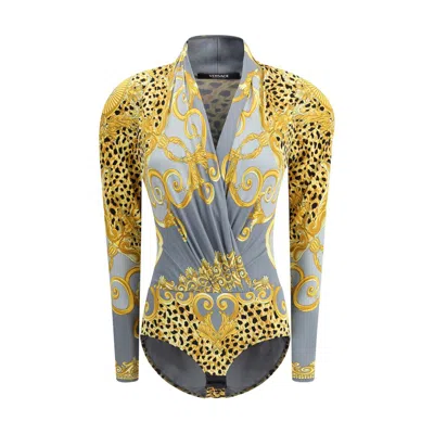 Versace Leopard Draped Bodysuit In Multi