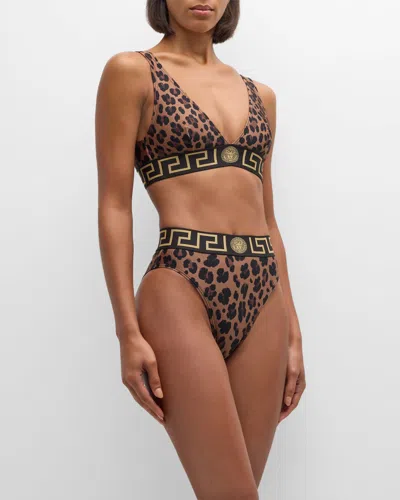 Versace Leopard Greca Border Bikini Bottoms In Chestnut Gold