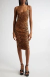Versace Leopard Jacquard Fitted Knit Midi Dress In Brown Black