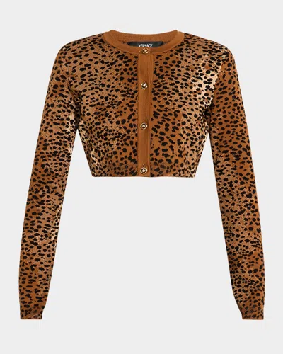 Versace Leopard Knit Jacquard Crop Cardigan In Brown Black