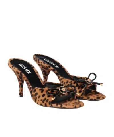 Versace Leopard Opera Bow 95 High-heeled Sandals In Brown