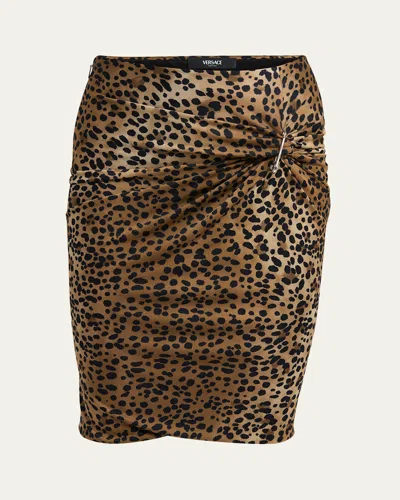 Versace Leopard Pencil Skirt With Safety Pin Brooch In Naturalblack