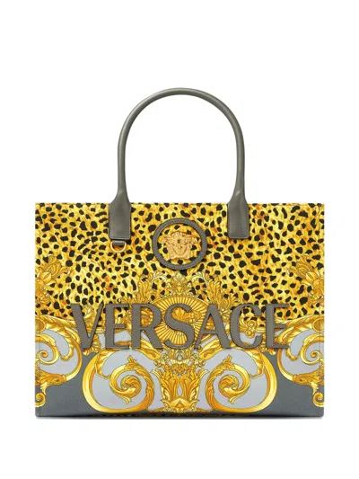 Versace Leopard-print Baroque Tote Bag In Gray