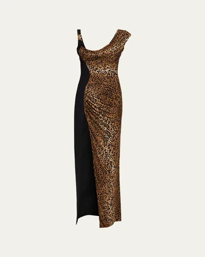 VERSACE LEOPARD-PRINT DRAPED LIQUID JERSEY SLIT GOWN
