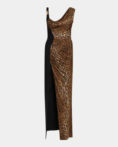 VERSACE LEOPARD-PRINT DRAPED LIQUID JERSEY SLIT GOWN