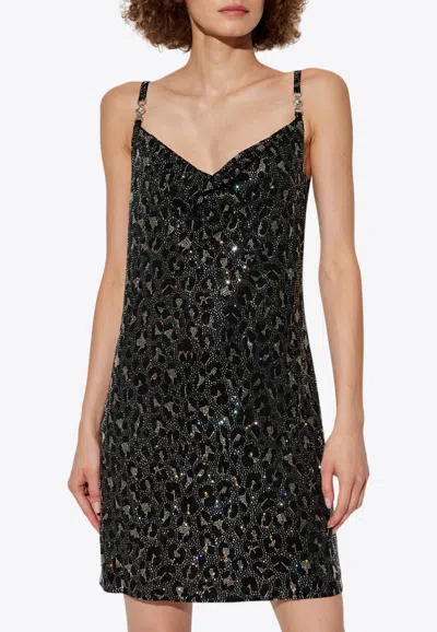 Versace Leopard Print Embellished Mini Dress In Black