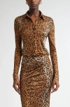 Versace Leopard Print Fitted Jersey Button-up Shirt In Natural Black