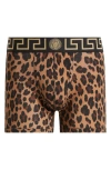 Versace Greca Border Leopard-print Boxers In Chestnut Gold