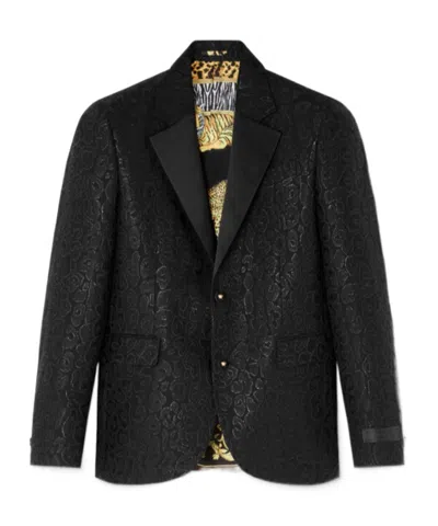 Versace Leopard-print Satin-lapel Blazer In Black
