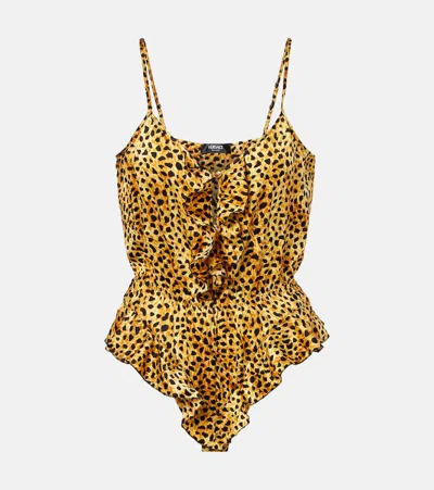 Versace Leopard-print Silk Satin Bodysuit In Multi