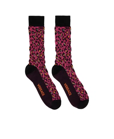 Versace Leopard Print Socks In Black