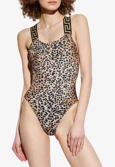 Versace Leopard-printed One-piece Swimsuit In Beige