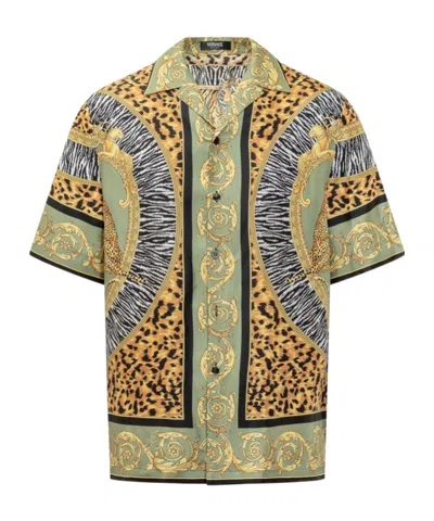 Versace Leopard Printed Short-sleeved Shirt In Multi