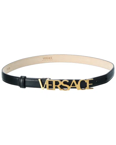 Versace Lettering Logo Leather Belt In Black
