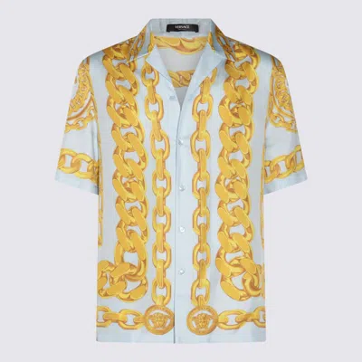 Versace Medusa Chain Print Silk Shirt In Blue+gold