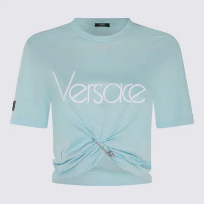 VERSACE VERSACE LIGHT BLUE AND WHITE COTTON T-SHIRT