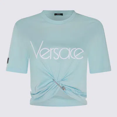 Versace Light Blue And White Cotton T-shirt In Pale Blue/bianco